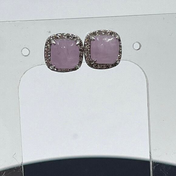 Sterling Silver Cushion Cut Prong Set Rose Quartz White Topaz Halo Stud Earrings - Picture 1 of 8